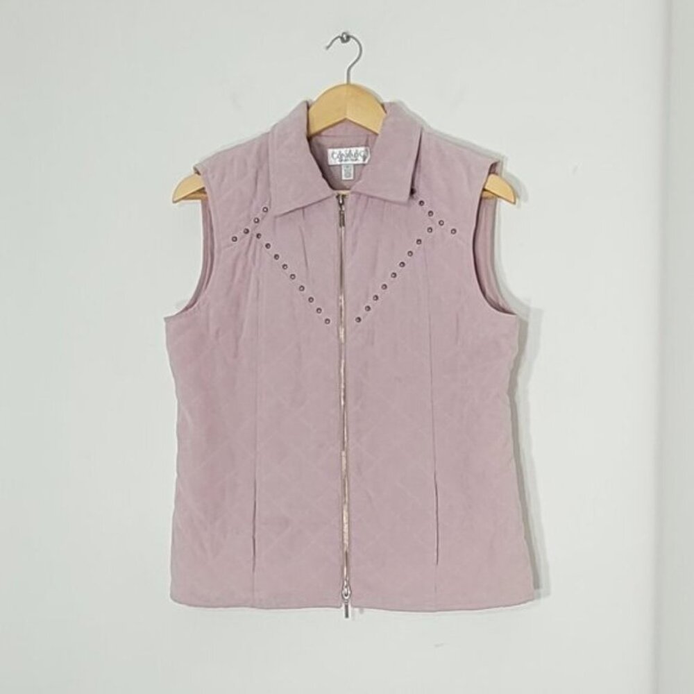 Conradc Women Pink Sleeveless Full Zip Up Studded Detailing Quilted Vest Size 6